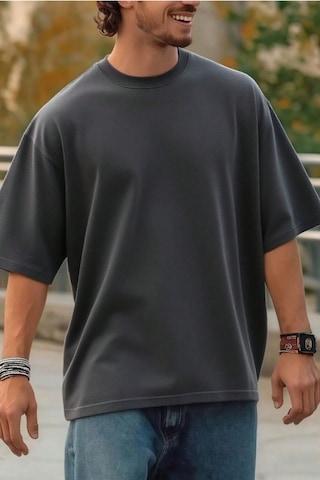 Erkek %100 Organik Pamuklu Kalın Dokulu Comfort Fit Bisiklet Yakalı T-shirt Gri