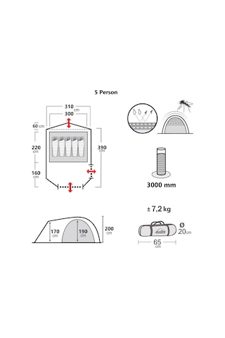 Evolite Excamp 5 Pro Sun Fresh Aile Çadırı Upf80 Renkli