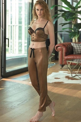 Balenli Destekli Dolgulu Parlak Baskılı Dantelli Büstiyer Ve Pantolon Pijama Takım 4176 Bakır