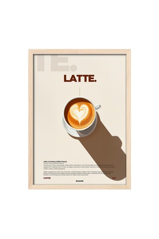 Latte Kahve Doğal Ahşap Çerçeveli Poster, Dekoratif Duvar Tablosu