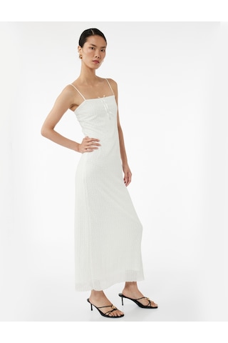 Koton İnce Askılı Fiyonklu Dokulu Bodycon Maxi Elbise Beyaz 5sak80005ek Beyaz
