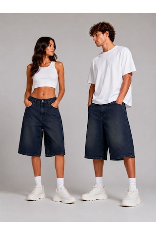 St.poll Eskitme Yıkama Unisex Baggy Denim Şort Eskitme Lacivert