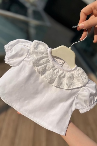 Fisto Yaka Pamuklu Kız Çocuk Bebek Beyaz Bluz Kısa Kol Üst 001