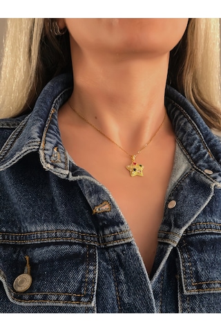 Eva Takı Store Yıldız Model Renkli Zirkon Taşlı Gold Renk Kolye Gold