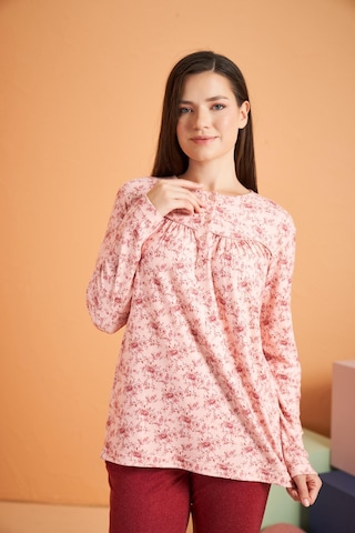 Gd Goldoremi Premium Kadın Rahat Kesim Yuvarlak Yaka Çiçek Desenli Düğmeli Uzun Kollu Pijama Takım PEMBE