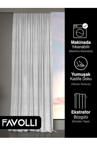 Br Favolli Kadife Dokulu Beyaz Ada Fon Perde Ekstrafor Büzgülü Dream Series Beyaz