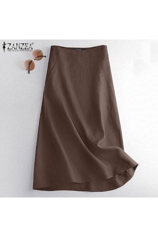 Zanzea Bayan Yaz Casual Yan Fermuarlı Pamuk Keten Etekler Kahverengi