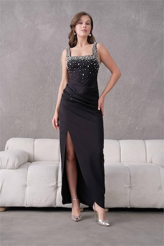 Neşeli Butik Kadın Taş Detaylı Askılı Uzun Abiye Elbise Nbs9367 Siyah