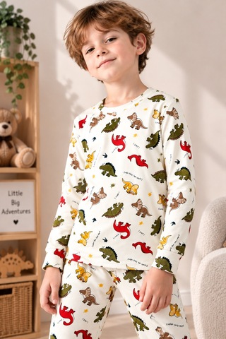 Free Beka Desenli Bisiklet Yaka %100 Pamuklu İnterlok Kumaş Erkek Çocuk Uzun Kollu Pijama Takımı Çok Renkli