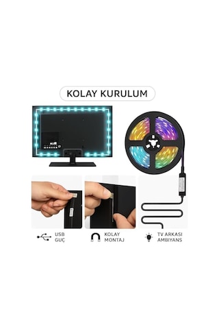 Monitör Ve Tv Arkası 3 Metre Rgb Şerit Led Seti - Cata Usb Bağlantılı, Uzaktan Kumandalı, 352 Renk Seçenekli Ambiyans Aydınlatma, Göz Yormayan Led Işık Sistemi .