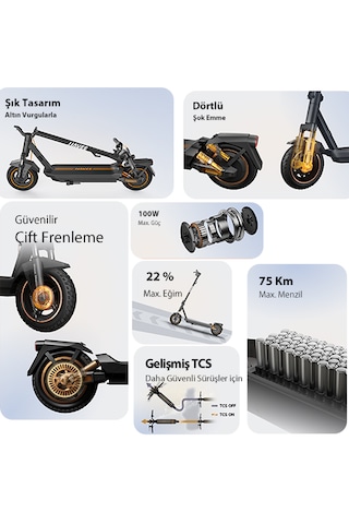 Gt3 Max Elektrikli Scooter 75km 1000w %22 Eğim 25km Hız Oto Far Siyah