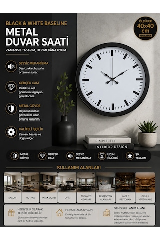 Black & White Baseline 40 Cm Metal Duvar Saati Siyah