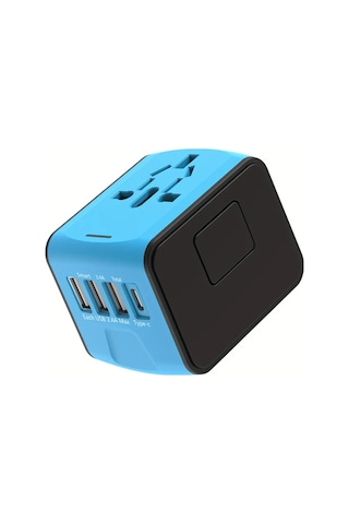 Fochsia Mavi Global Seyahat Adaptörü Tip C 3 Usb Port Ve Ac Prizli Evrensel Seyahat Şarj Aleti Siyah