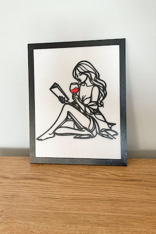 Kl-kok52-as4 - Modern Siyah Çerçeveli Ahşap Kitap Okuyan Kadın Tablosu 3d Katmanlı Tasarım 25x20 Cm