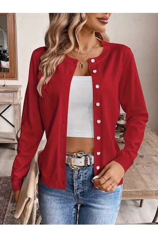 Kadın Uzun Kollu Önden Düğmeli Triko Ceket Kırmızı