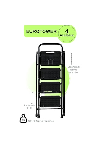 Eurotower 4 Basamak Özel Tasarım Geniş Basamaklı Siyah Merdiven 3+1