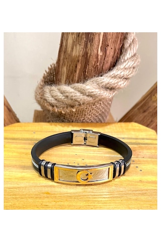 Ay Yıldız Figürlü Silikon Kordon Çelik Mixli Erkek Bileklik Altın - Siyah