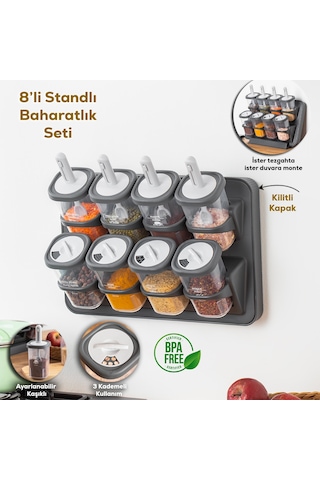 Porsima 1117 Standlı Kaşıklı 360° Döner Kapaklı Baharatlık Seti Antrasit - Gri