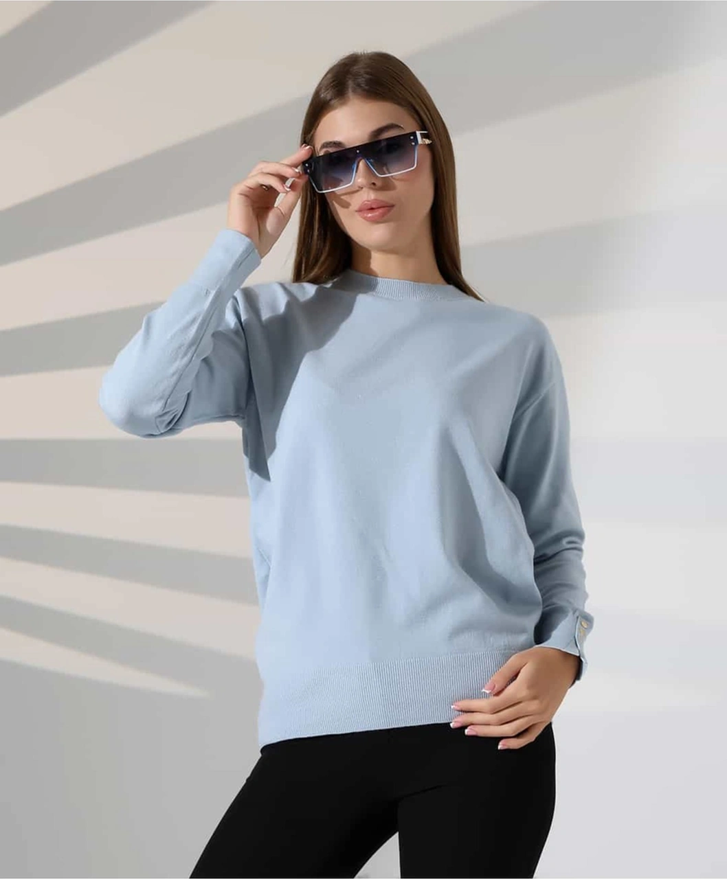 Gündelik Şıklık Kol Düğme Detay Triko Kazak Mavi