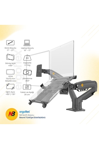 Nb Ergonomic Nb F160-fp Amortisörlü 17-32 Monitör Tutucu Ve 10-17 Laptop Standı Koyu Gri