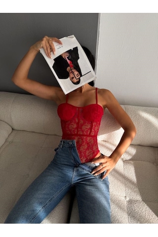 Elaxi Kadın Dantelli Ayarlanabilir Askılı Bodysuit Zarif Ve Etkileyici Stil Kırmızı