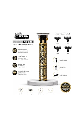 Astra Sılver Rd-085 Saç Sakal Traş Makinesi T Bıçak Usb Şarjlı Komple Metal Diğer