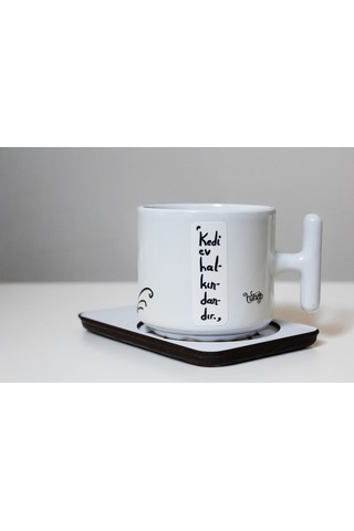 Kedi Ev Halkındandır T Kulplu Beyaz Seramik Kupa Bardak Hediyelik Beyaz