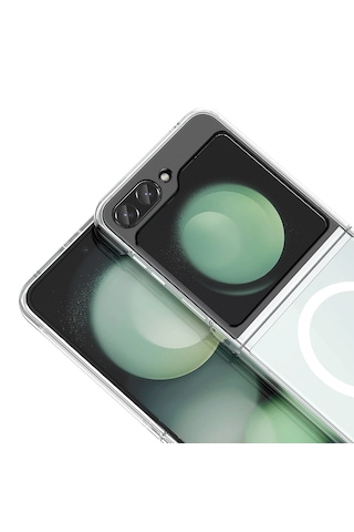 Samsung Galaxy Uyumlu Z Flip 5 Kılıf Darbe Emici Korumalı M-safe Şarj Özellikli Pürüzsüz Şeffaf Sert + Pc Kapak Şeffaf