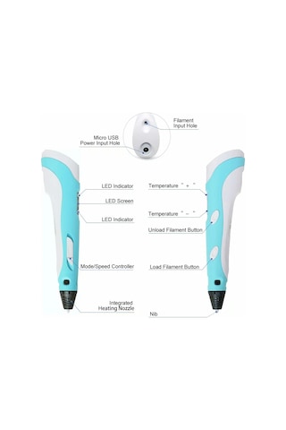 Ximistore9 Çocuklar İçin 3d Baskı Kalemi - Led Ekranlı, Sıcaklık Ayarlı, 3 Adet Pla Filament İle Usb Mavi