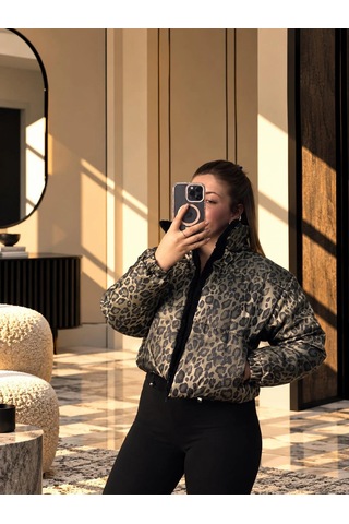 Elora Atelier Leopar Haki Peluş Yakalı Kapitone Mont