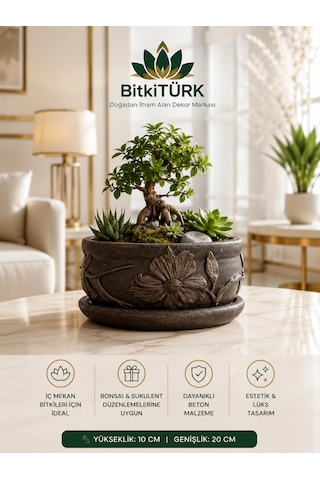 Çiçek Motifli Beton Saksı Ve Altlık Seti 20 Cm Banyo Organizeri, Dekoratif Düzenleyici, Çok Amaçlı Premium Tasarım -