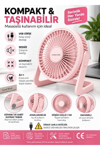 Sessiz Masa Üstü Usb Mini Vantilatör Taşınabilir Masaüstü Fan Pembe