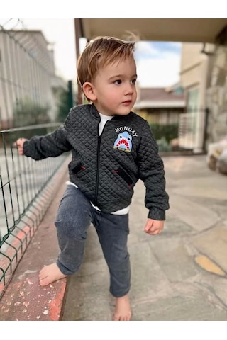 4-5-6 Yaş Kot Pantolonlu Pilot Mont Uzun Kollu Penye Sweat 3lü Erkek Çocuk Takımı Gri Gri