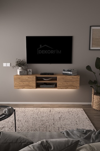 Df17102 Led Işıklı Duvara Monte Tv Ünitesi, 2 Kapaklı Dolaplı, Raflı 150 Cm Tv Alt Ünitesi Atlantik Çam