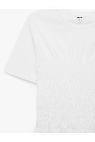 Koton Pamuklu Slim Fit Bisiklet Yaka Kısa Kollu Bel Vurgulu Büzgülü Tişört Beyaz 7wak50084ek
