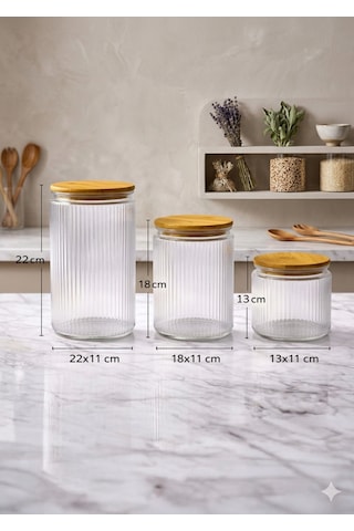 3'lü Etiketli Cam Kavanoz Seti Bambu Vakum Kapak Çizgili Erzak Un Bakliyat Saklama Kabı 1-1,5-2 Lt Şeffaf