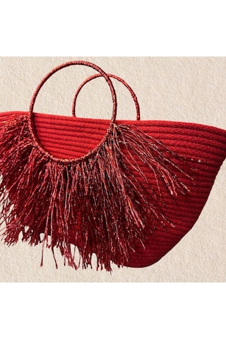 Uretti - Ayşe 4723 2151 El Yapımı Tress İp Yuvarlak Metalik İp Saplı Püskül Detaylı Plaj Çantası - Kırmızı Kırmızı