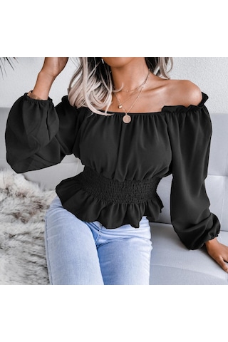 İlkbahar Ve Sonbahar Kadın Bluz Uzun Kollu Seksi Tek Boyun Straplez Hem Fırfır Şifon Bluz Tops Siyah