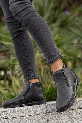 Garantili D472 Su Ve Soğuk Geçirmez Kürklü Ortopedik Hakiki Deri Erkek Bot Siyah