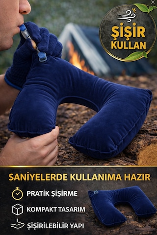 Lacivert Şişme Seyahat Boyun Yastığı Uçak Araç Kamp İçin Ergonomik Taşınabilir Travel Yastık