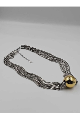 Çoklu Zincir Gümüş Altın Top Çelik Kolye Gümüş