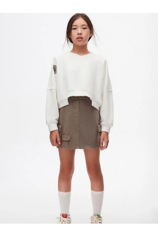 Kız Çocuk Pamuklu Bel Lastikli Kargo Cepli Antik Etek-14744 Haki