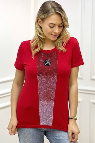 Rich Glam Bisiklet Yaka Crystal Taşlı Büyük Beden Plus Size Pamuk Şık Rahat Siyah Kadın T-shirt Kırmızı