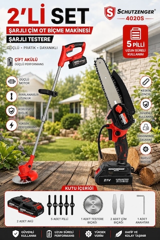 Schutzenger 4020S 2 Batarya 7 Aparatlı Şarjlı Dal Budama Zinçirli Testere Ve Şarjlı Çim Ot Piçme Tırpan Schutzenger 4020S 2 Batarya 7 Aparatlı Şarjlı Dal Budama Zinçirli Testere Ve Şarjlı Çim Ot Piçme Tırpan