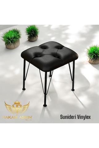 By Hakan Aşkın Siyah Metal Ayaklı Novolux Vinylex Sunideri Puf Black 40x45 Cm Siyah Vinylex