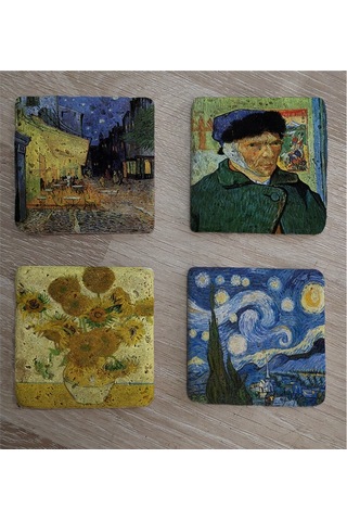 Van Gogh Yıldızlı Gece Ve Eserleri Doğal Taş Bardak Altlığı 4'lü Set - Natural Stone Coasters - Taş Çok Renkli