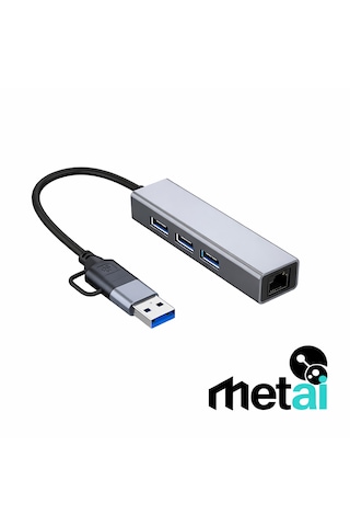 Metai Type-c Hub Adaptör 4in1 3x Usb 3.0 + 1000 Mbps Gigabit Ethernet Rj45 Lan Dönüştürücü