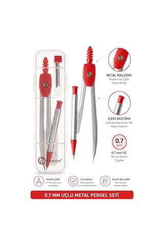 0.7 Uçlu Metal Pergel Kırmızı 1 Adet Fixpoint Kutulu Metal Pergel Versatil Uçlu Mekanik Kalem Basmalı Uçlu Pergel