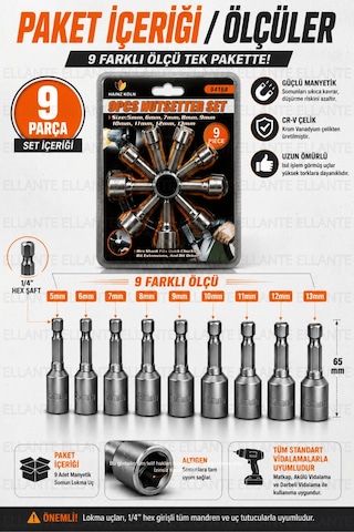 9 Parça Manyetik Somun Lokma Uç Seti 5-13 Mm Cr-v Çelik Matkap Ve Akülü Vidalama Uyumlu Hex Lokma Uç