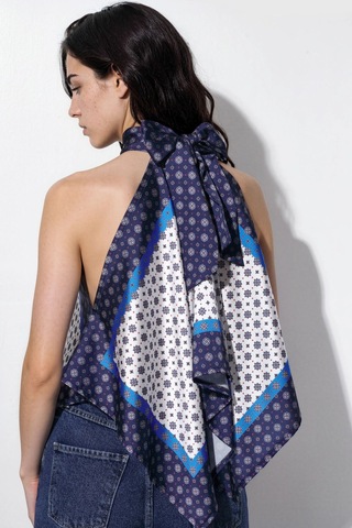 Hiccup Halter Yaka Saten Fular Top Mavi